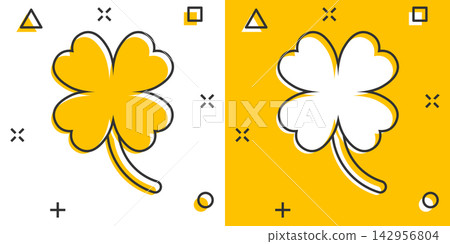 Vector cartoon four leaf clover icon in comic style. Clover sign illustration pictogram. Flower business splash effect concept. 142956804
