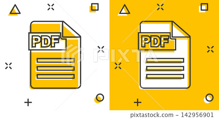 Vector cartoon PDF download icon in comic style. PDF format sign illustration pictogram. Document business splash effect concept. 142956901