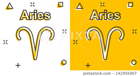 Vector cartoon aries zodiac icon in comic style. Astrology sign illustration pictogram. Aries horoscope business splash effect concept. Vector cartoon aries zodiac icon in comic style. Astrology sign illustration pictogram. Aries horoscope business splash effect concept. 142956907