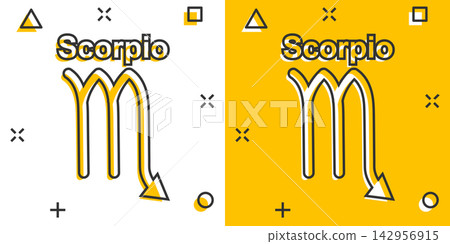 Vector cartoon scorpio zodiac icon in comic style. Astrology sign illustration pictogram. Scorpio horoscope business splash effect concept. 142956915