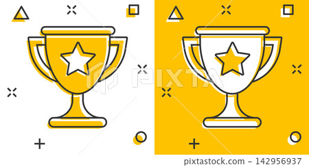 Vector cartoon trophy cup icon in comic style. Winner sign illustration pictogram. Award prize business splash effect concept. Vector cartoon trophy cup icon in comic style. Winner sign illustration pictogram. Award prize business splash effect concept. 142956937