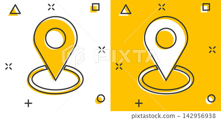 Vector cartoon pin location icon in comic style. Navigation map, gps sign illustration pictogram. Pin business splash effect concept. Vector cartoon pin location icon in comic style. Navigation map, gps sign illustration pictogram. Pin business splash effect concept. 142956938