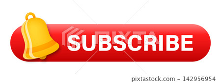 Subscribe button with bell notification icon in flat style. Subscription ui vector illustration on isolated background. Website banner sign business concept. 142956954