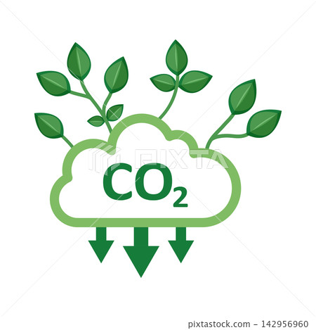 CO2 emissions icon in flat style. Cloud co2 reduction with plant leaf vector illustration on isolated background. Carbon dioxide pollution sign business concept. CO2 emissions icon in flat style. Cloud co2 reduction with plant leaf vector illustration on isolated background. Carbon dioxide pollution sign business concept. 142956960