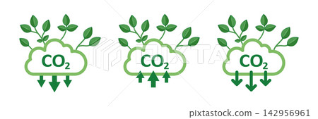 CO2 emissions icon set collection in flat style. Cloud co2 reduction with plant leaf vector illustration on isolated background. Carbon dioxide pollution sign business concept. CO2 emissions icon set collection in flat style. Cloud co2 reduction with plant leaf vector illustration on isolated background. Carbon dioxide pollution sign business concept. 142956961