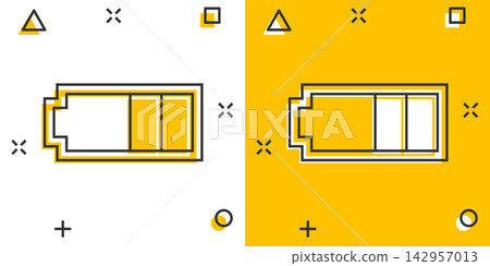Vector cartoon battery charge level indicator sign icon in comic style. Battery sign illustration pictogram. Accumulator business splash effect concept. Vector cartoon battery charge level indicator sign icon in comic style. Battery sign illustration pictogram. Accumulator business splash effect concept. 142957013