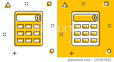 Cartoon calculator icon in comic style. Calculate illustration pictogram. Finance sign splash business concept. Cartoon calculator icon in comic style. Calculate illustration pictogram. Finance sign splash business concept. 142957042