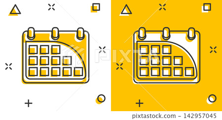 Cartoon calendar icon in comic style. Agenda illustration pictogram. Month sign splash business concept. Cartoon calendar icon in comic style. Agenda illustration pictogram. Month sign splash business concept. 142957045