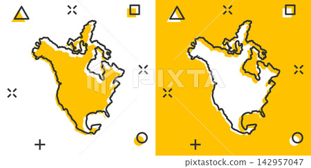 Cartoon colored North America map icon in comic style. North America sign illustration pictogram. Country geography splash business concept. 142957047