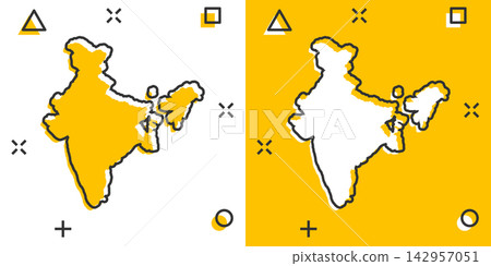 Cartoon colored India map icon in comic style. India sign illustration pictogram. Country geography splash business concept. 142957051