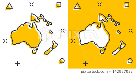 Cartoon colored Australia and Oceania map icon in comic style. Australia and Oceania sign illustration pictogram. Country geography splash business concept. 142957052
