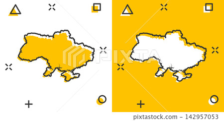 Cartoon colored Ukraine map icon in comic style. Ukraine sign illustration pictogram. Country geography splash business concept. Cartoon colored Ukraine map icon in comic style. Ukraine sign illustration pictogram. Country geography splash business concept. 142957053