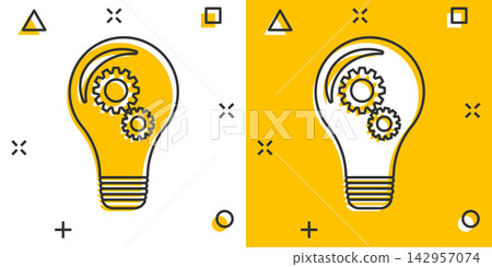 Cartoon light bulb with gear icon in comic style. Idea illustration pictogram. Lamp sign splash business concept. Cartoon light bulb with gear icon in comic style. Idea illustration pictogram. Lamp sign splash business concept. 142957074