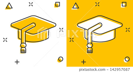 Cartoon education hat icon in comic style. Bachelor cap illustration pictogram. Education sign splash business concept. Cartoon education hat icon in comic style. Bachelor cap illustration pictogram. Education sign splash business concept. 142957087