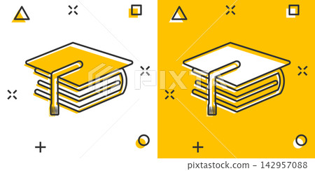 Cartoon education and book icon in comic style. Bachelor cap illustration pictogram. Education sign splash business concept. Cartoon education and book icon in comic style. Bachelor cap illustration pictogram. Education sign splash business concept. 142957088