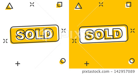 Cartoon sold stamp icon in comic style. Sell banner illustration pictogram. Commercial sign splash business concept. 142957089