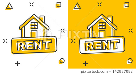 Cartoon rent house icon in comic style. Home illustration pictogram. Rental sign splash business concept. 142957092