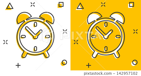 Cartoon alarm clock icon in comic style. Timer sign illustration pictogram. Stopwatch splash business concept. Cartoon alarm clock icon in comic style. Timer sign illustration pictogram. Stopwatch splash business concept. 142957102