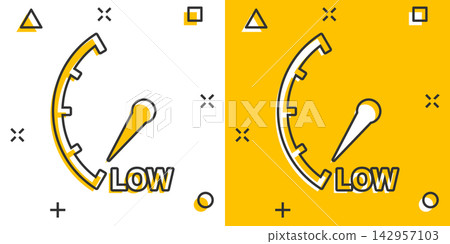 Cartoon low level icon in comic style. Speedometer, tachometer sign illustration pictogram. Risk meter splash business concept. Cartoon low level icon in comic style. Speedometer, tachometer sign illustration pictogram. Risk meter splash business concept. 142957103