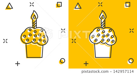 Cartoon birthday cake icon in comic style. Fresh pie muffin sign illustration pictogram. Cupcake business concept. Cartoon birthday cake icon in comic style. Fresh pie muffin sign illustration pictogram. Cupcake business concept. 142957114