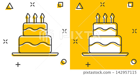 Cartoon birthday cake icon in comic style. Fresh pie muffin sign illustration pictogram. Cupcake business concept. Cartoon birthday cake icon in comic style. Fresh pie muffin sign illustration pictogram. Cupcake business concept. 142957115
