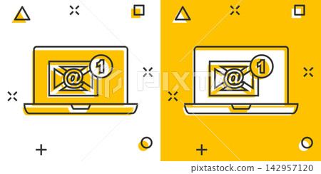 Vector cartoon email envelope message icon in comic style. Mail sign illustration pictogram. Laptop computer business splash effect concept. Vector cartoon email envelope message icon in comic style. Mail sign illustration pictogram. Laptop computer business splash effect concept. 142957120