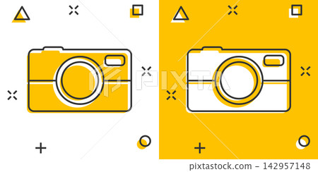 Vector cartoon photo camera icon in comic style. Photographer cam sign illustration pictogram. Camera business splash effect concept. Vector cartoon photo camera icon in comic style. Photographer cam sign illustration pictogram. Camera business splash effect concept. 142957148