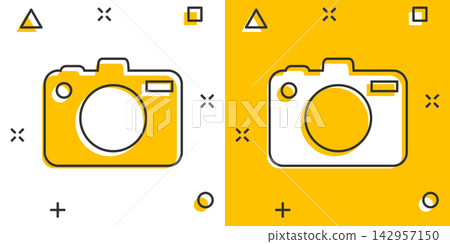 Vector cartoon photo camera icon in comic style. Photographer cam sign illustration pictogram. Camera business splash effect concept. Vector cartoon photo camera icon in comic style. Photographer cam sign illustration pictogram. Camera business splash effect concept. 142957150