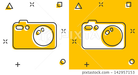 Vector cartoon photo camera icon in comic style. Photographer cam sign illustration pictogram. Camera business splash effect concept. Vector cartoon photo camera icon in comic style. Photographer cam sign illustration pictogram. Camera business splash effect concept. 142957153