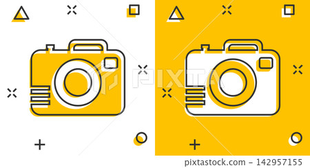 Vector cartoon photo camera icon in comic style. Photographer cam sign illustration pictogram. Camera business splash effect concept. Vector cartoon photo camera icon in comic style. Photographer cam sign illustration pictogram. Camera business splash effect concept. 142957155