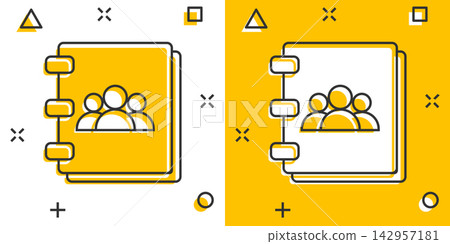 Vector cartoon address book icon in comic style. Contact note sign illustration pictogram. Notebook business splash effect concept. 142957181