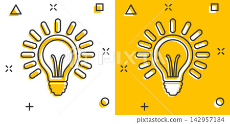 Vector cartoon light bulb icon in comic style. Lighting electric sign illustration pictogram. Idea lightbulb business splash effect concept. Vector cartoon light bulb icon in comic style. Lighting electric sign illustration pictogram. Idea lightbulb business splash effect concept. 142957184