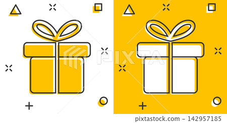 Vector cartoon gift box icon in comic style. Gift present sign illustration pictogram. Box business splash effect concept. Vector cartoon gift box icon in comic style. Gift present sign illustration pictogram. Box business splash effect concept. 142957185