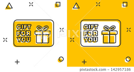 Cartoon gift card icon in comic style. Gift voucher present illustration pictogram. Discount coupon sign splash business concept. 142957186