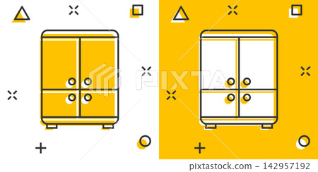 Vector cartoon cupboard icon in comic style. Furniture sign illustration pictogram. Cabinet business splash effect concept. Vector cartoon cupboard icon in comic style. Furniture sign illustration pictogram. Cabinet business splash effect concept. 142957192