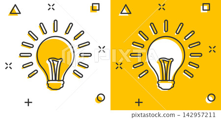 Vector cartoon halogen lightbulb icon in comic style. Light bulb sign illustration pictogram. Idea business splash effect concept. Vector cartoon halogen lightbulb icon in comic style. Light bulb sign illustration pictogram. Idea business splash effect concept. 142957211
