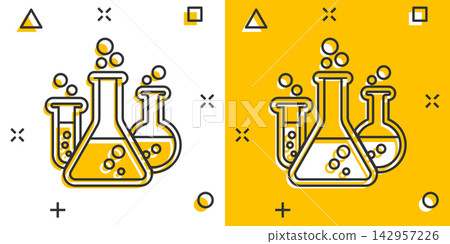Vector cartoon chemical test tube icon in comic style. Laboratory glassware sign illustration pictogram. Flasks business splash effect concept. Vector cartoon chemical test tube icon in comic style. Laboratory glassware sign illustration pictogram. Flasks business splash effect concept. 142957226