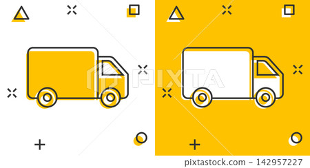 Vector cartoon truck, car icon in comic style. Fast delivery service shipping sign illustration pictogram. Car van business splash effect concept. 142957227