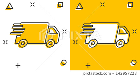 Vector cartoon truck, car icon in comic style. Fast delivery service shipping sign illustration pictogram. Car van business splash effect concept. Vector cartoon truck, car icon in comic style. Fast delivery service shipping sign illustration pictogram. Car van business splash effect concept. 142957228