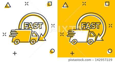 Vector cartoon truck, car icon in comic style. Fast delivery service shipping sign illustration pictogram. Car van business splash effect concept. Vector cartoon truck, car icon in comic style. Fast delivery service shipping sign illustration pictogram. Car van business splash effect concept. 142957229