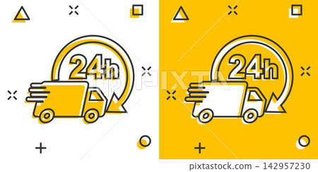 Vector cartoon delivery truck 24h icon in comic style. 24 hours fast delivery service shipping sign illustration pictogram. Car van business splash effect concept. 142957230