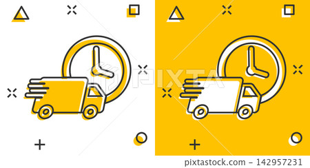 Vector cartoon delivery truck 24h icon in comic style. 24 hours fast delivery service shipping sign illustration pictogram. Car van business splash effect concept. Vector cartoon delivery truck 24h icon in comic style. 24 hours fast delivery service shipping sign illustration pictogram. Car van business splash effect concept. 142957231