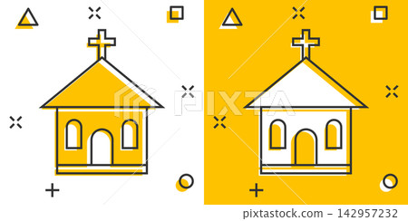 Vector cartoon church sanctuary icon in comic style. Chapel sign illustration pictogram. Church business splash effect concept. Vector cartoon church sanctuary icon in comic style. Chapel sign illustration pictogram. Church business splash effect concept. 142957232