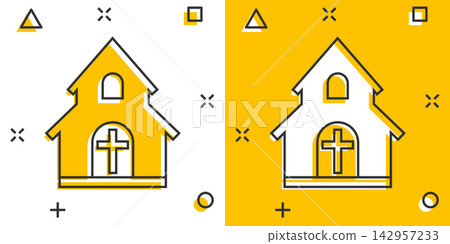 Vector cartoon church sanctuary icon in comic style. Chapel sign illustration pictogram. Church business splash effect concept. 142957233