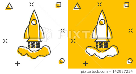 Vector cartoon rocket icon in comic style. Startup launch sign illustration pictogram. Rocket business splash effect concept. 142957234