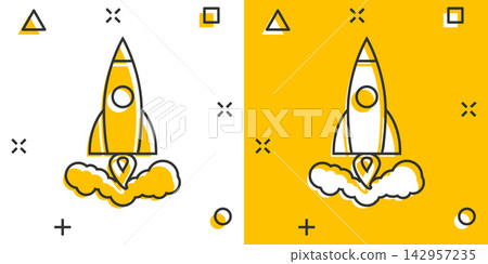 Vector cartoon rocket icon in comic style. Startup launch sign illustration pictogram. Rocket business splash effect concept. Vector cartoon rocket icon in comic style. Startup launch sign illustration pictogram. Rocket business splash effect concept. 142957235