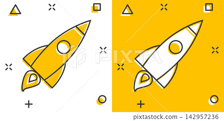 Vector cartoon rocket icon in comic style. Startup launch sign illustration pictogram. Rocket business splash effect concept. Vector cartoon rocket icon in comic style. Startup launch sign illustration pictogram. Rocket business splash effect concept. 142957236
