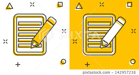 Vector cartoon document with pencil icon in comic style. Note with pen sign illustration pictogram. Notebook business splash effect concept. Vector cartoon document with pencil icon in comic style. Note with pen sign illustration pictogram. Notebook business splash effect concept. 142957238