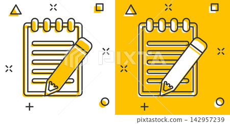 Vector cartoon document with pencil icon in comic style. Note with pen sign illustration pictogram. Notebook business splash effect concept. 142957239