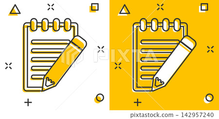 Vector cartoon document with pencil icon in comic style. Note with pen sign illustration pictogram. Notebook business splash effect concept. 142957240